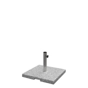 A square, gray granite base with a metal pole holder in the center and an adjustment knob on the side. The umbrella base has a small notch on one edge for easier handling and rests on a white background.