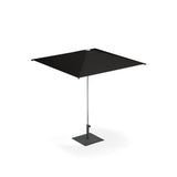 A modern black square Shade Umbrella with a sleek anodized aluminum pole and a flat, square base stands on a white background. The pocket less canopy is taut and symmetrical, offering a minimalist and contemporary outdoor shade solution.