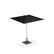 A modern black square Shade Umbrella with a sleek anodized aluminum pole and a flat, square base stands on a white background. The pocket less canopy is taut and symmetrical, offering a minimalist and contemporary outdoor shade solution.