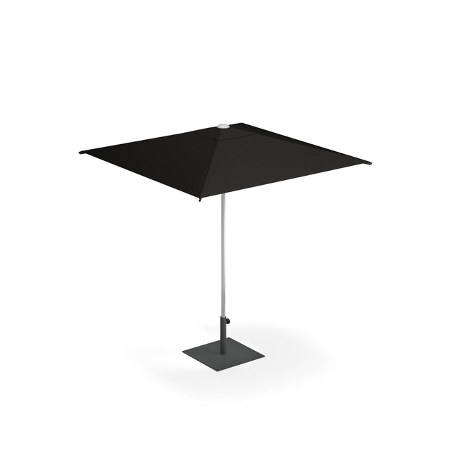 A modern black square Shade Umbrella with a sleek anodized aluminum pole and a flat, square base stands on a white background. The pocket less canopy is taut and symmetrical, offering a minimalist and contemporary outdoor shade solution.
