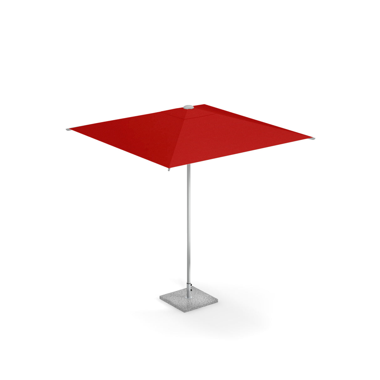 A red, square Shade Umbrella with a pocket less canopy features an anodized aluminum pole and stands upright in a simple gray rectangular base, isolated on a white background.