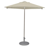 A beige Shade Umbrella with a round pocket less canopy, supported by a single slim anodized aluminum pole and a sturdy circular metal base, stands against a plain white background.