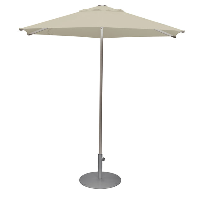 A beige Shade Umbrella with a round pocket less canopy, supported by a single slim anodized aluminum pole and a sturdy circular metal base, stands against a plain white background.