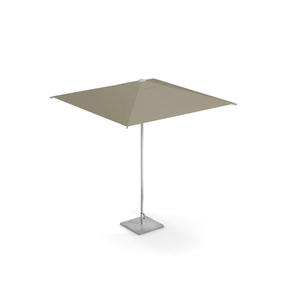 A large, square shade umbrella with a taupe, pocket less canopy is supported by a slim anodized aluminum pole and anchored by a square, textured stone base. The umbrella is open and standing alone against a plain white background.