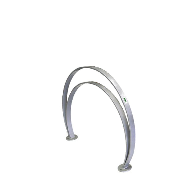 A modern, silver metal Omega Bike Rack features two parallel, curved arches anchored to circular bases, set against a plain white background. This sleek, minimalist outdoor bike rack is perfect for urban or public spaces.