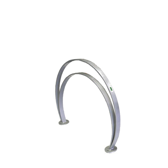 A modern, silver metal Omega Bike Rack features two parallel, curved arches anchored to circular bases, set against a plain white background. This sleek, minimalist outdoor bike rack is perfect for urban or public spaces.