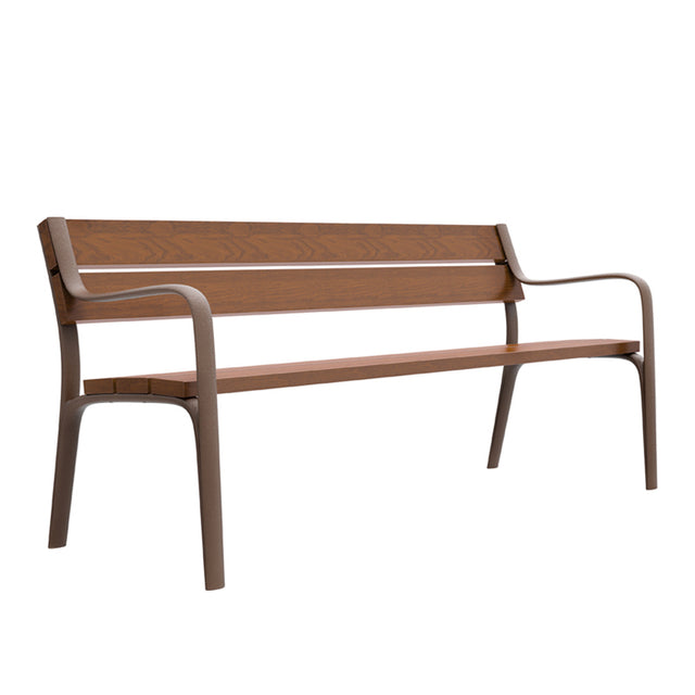 The Citizen Bench features a wooden slatted seat and backrest with curved cast iron frame armrests and legs. This modern, minimalist outdoor bench combines wood and metal for a sturdy, stylish look, photographed on a white background.
