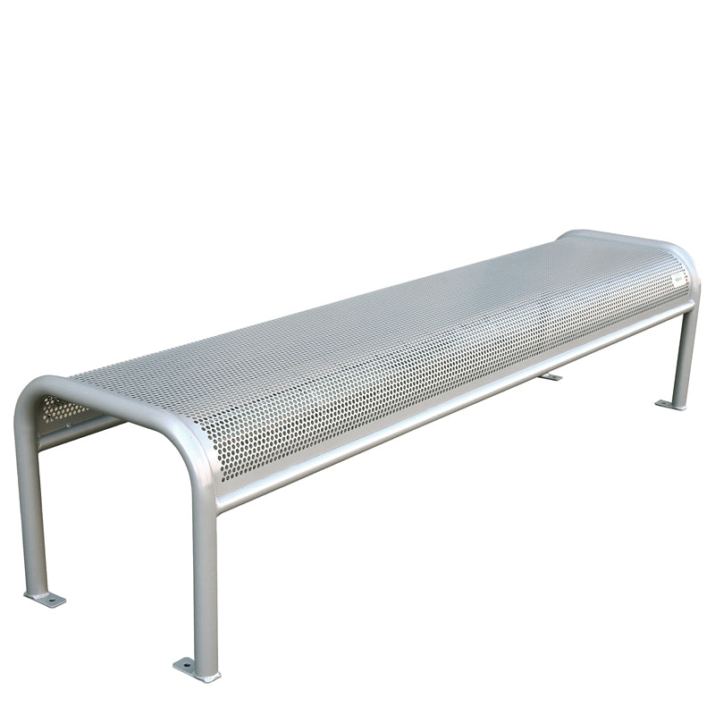 A modern perforated steel bench with a silver metal seat and backrest, supported by four sturdy, curved legs. This minimalist outdoor bench lacks armrests, making it ideal for public spaces and contemporary settings.