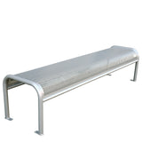 A modern perforated steel bench with a silver metal seat and backrest, supported by four sturdy, curved legs. This minimalist outdoor bench lacks armrests, making it ideal for public spaces and contemporary settings.