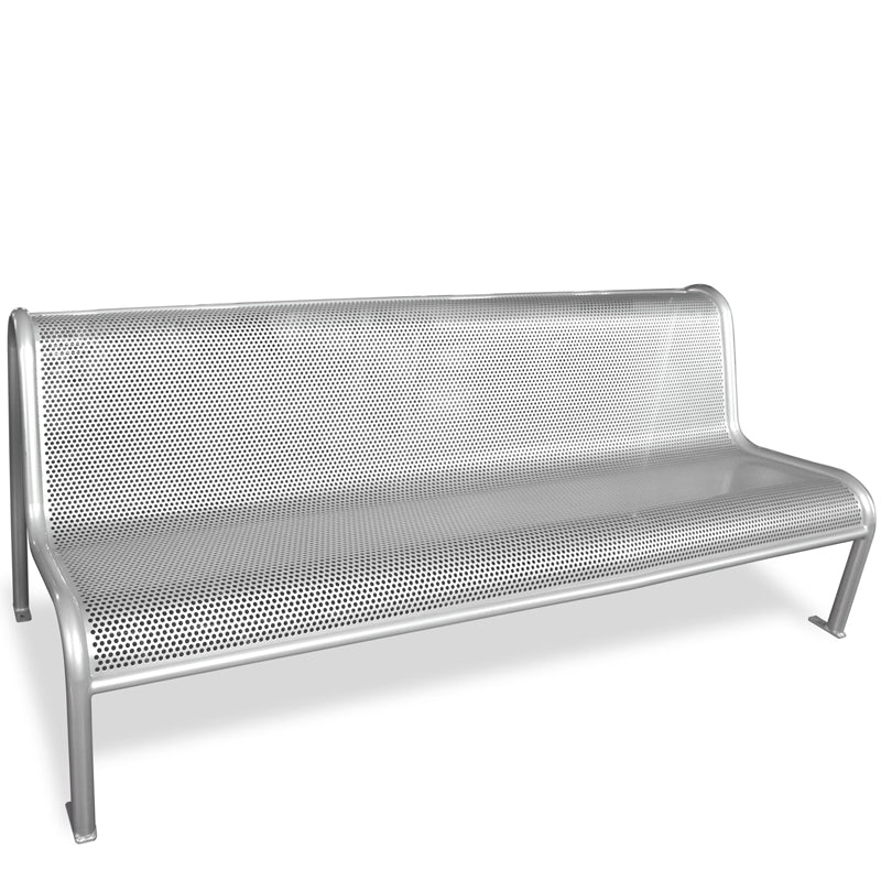 The Valles Bench is a silver perforated steel bench with a minimalist design and no armrests. Supported by four sturdy legs, this outdoor bench is ideal for public spaces and is shown against a white background.