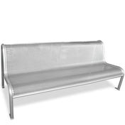 The Valles Bench is a silver perforated steel bench with a minimalist design and no armrests. Supported by four sturdy legs, this outdoor bench is ideal for public spaces and is shown against a white background.