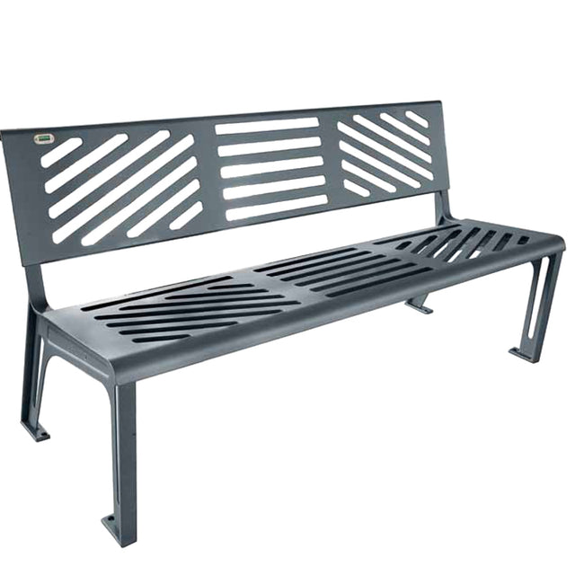 A modern outdoor bench with a cast iron frame, backrest, and seat featuring diagonal and horizontal slits. The bench is dark gray with four sturdy legs angled outward, offering a contemporary geometric design.