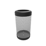 A cylindrical mesh trash can with a steel frame bin design, solid black top rim, and solid black base, shown against a plain white background. The mesh sides allow visibility into the bin’s interior. The bin is empty.