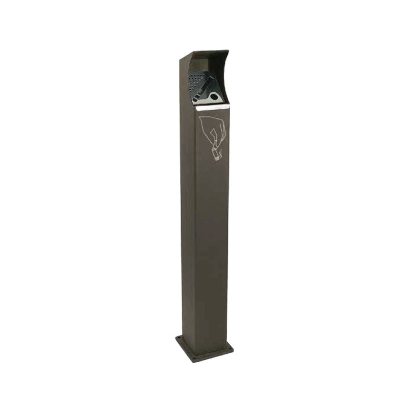 A tall, rectangular stand up ashtray with a small slanted top, round opening, and a hand-holding-cigarette graphic. This dark-colored Clash Ashtray stands on a flat rectangular base against a plain white background.