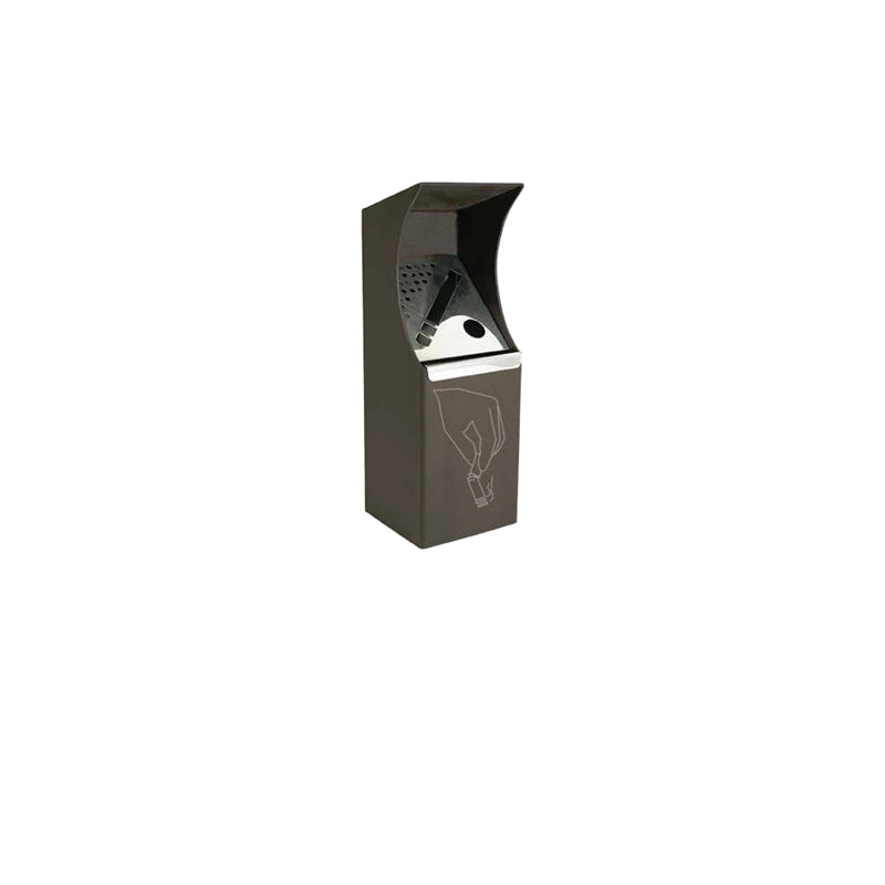 A sleek, wall-mounted black Clash Wall Ashtray with a curved hood, slotted entry for cigarette ends, and a white outline drawing of a hand dropping a cigarette. This stylish wall mount ashtray stands out against the plain white background.
