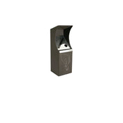 A sleek, wall-mounted black Clash Wall Ashtray with a curved hood, slotted entry for cigarette ends, and a white outline drawing of a hand dropping a cigarette. This stylish wall mount ashtray stands out against the plain white background.
