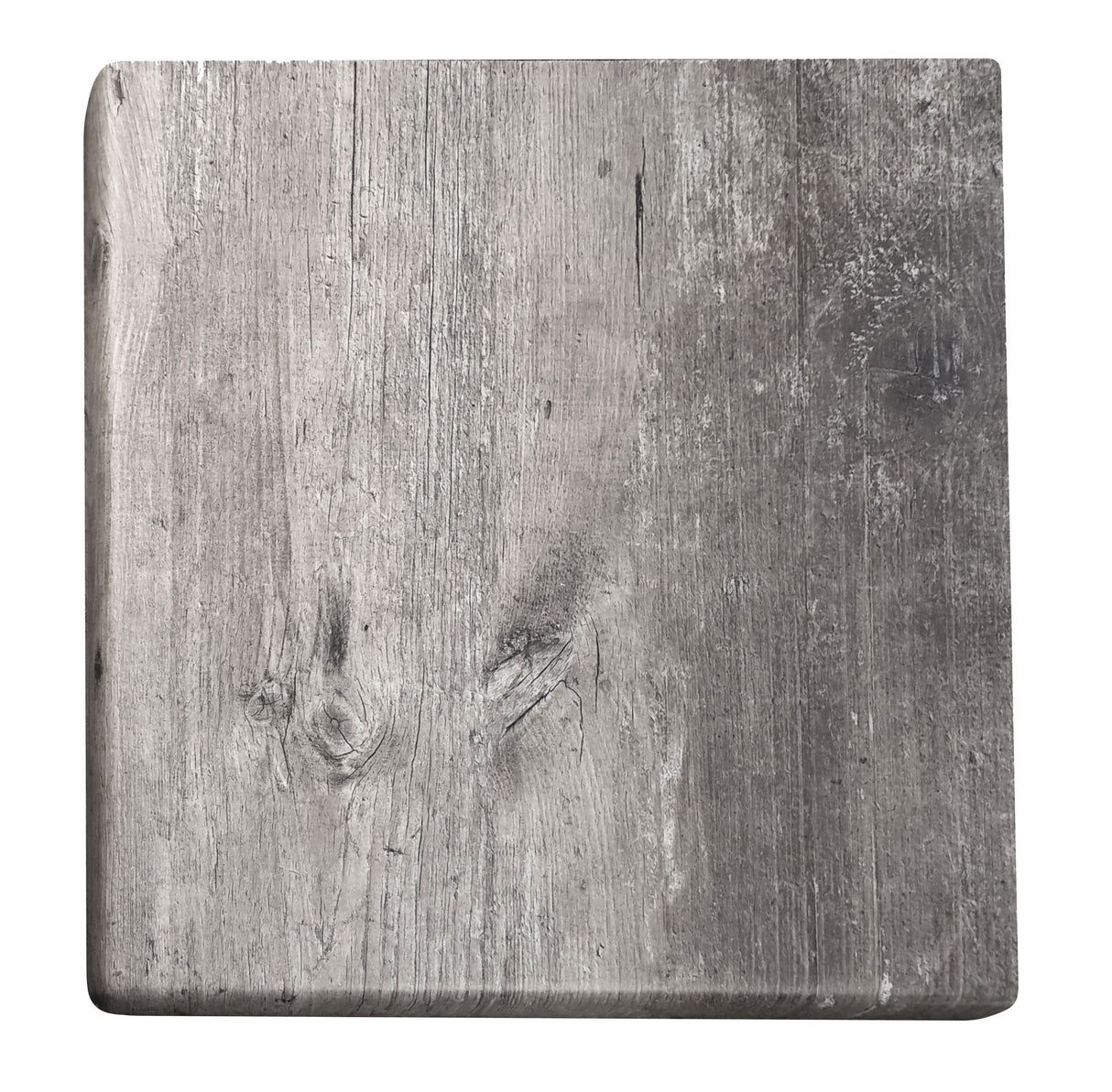 A square wooden board with rounded corners and a weathered gray surface evokes a rustic, aged look. Visible wood grain and subtle scratches create character, making it ideal as an outdoor table top with natural charm. Plain white background highlights its details.