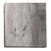 A square wooden board with rounded corners and a weathered gray surface evokes a rustic, aged look. Visible wood grain and subtle scratches create character, making it ideal as an outdoor table top with natural charm. Plain white background highlights its details.