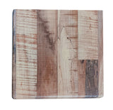 A square wooden cutting board with a patchwork design of vertical strips in varying shades of brown and tan, the Wes Table Top boasts unique grain patterns, visible wood textures, and smooth, polished edges—ideal for any outdoor table.