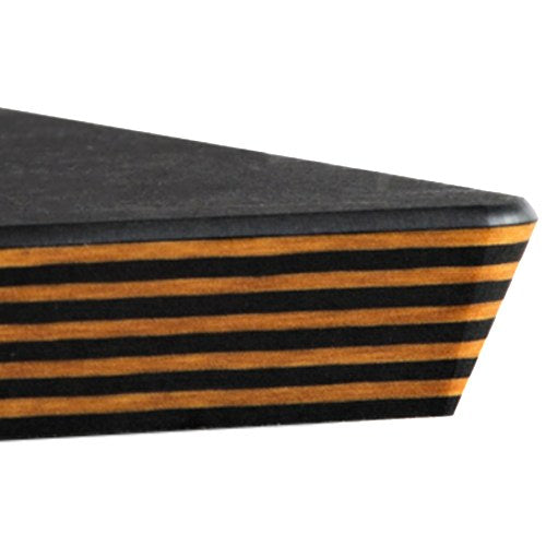 Close-up view of an Epicurean cutting board corner, featuring alternating black and wood grain stripes along the edge. The solid black, NSF certified surface boasts angled lines for a modern look—plus, it’s dishwasher safe for easy cleaning.