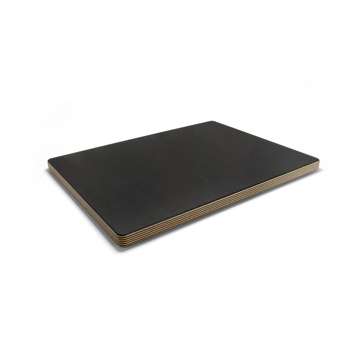 A rectangular, flat, dark-colored Epicurean cutting board with slightly rounded corners and visible layered edges is shown on a white background, photographed from a slight angle to highlight its thickness and smooth surface.