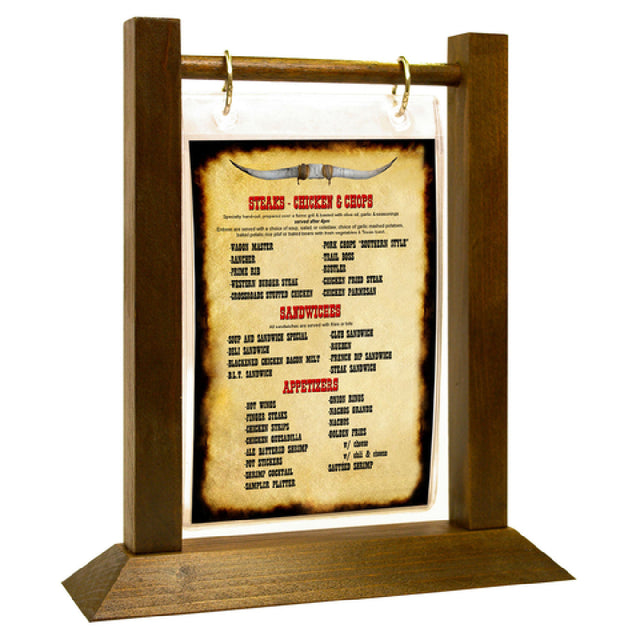 Menu Solutions WFT4S-A_WEATHERED WALNUT Table Tent Holds 4" X 6" Insert Flip Top With Nickel Rings