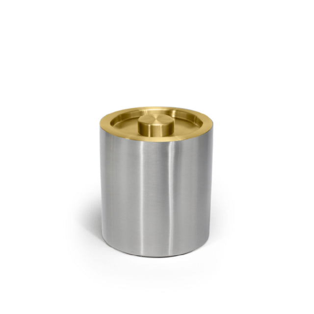 FOH RIB071BSS21 2qt Round Brushed Stainless Ice Bucket Silver With Matte Brass Lid