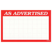 Hubert 56058 - Sign Card, "As Advertised" Imprinted, 5-1/2" X 3-1/2"