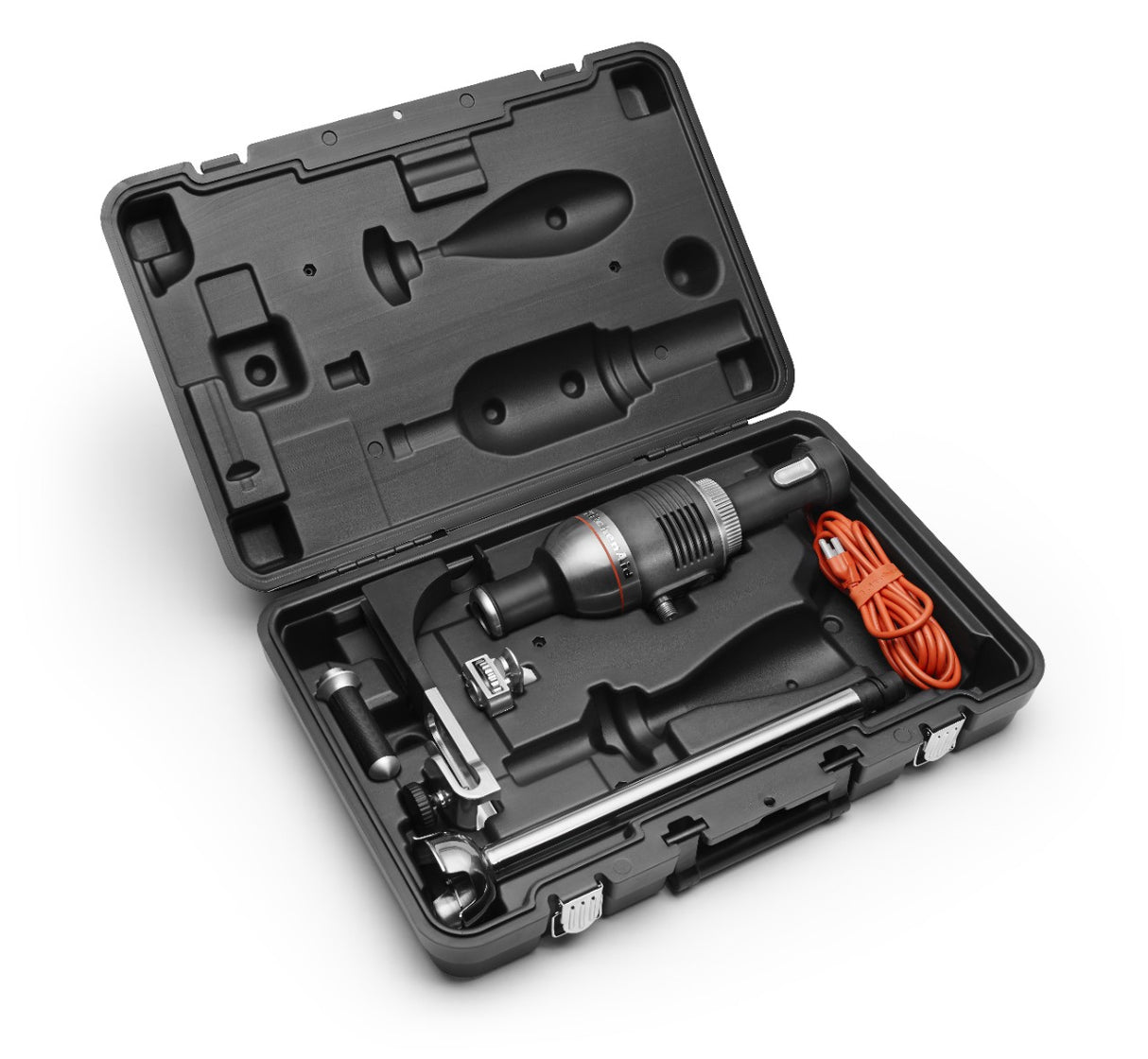 A black hard plastic carrying case contains a power drill with a black body and orange accents. Much like a heavy duty immersion blender, this tool comes with several accessories and attachments, all organized in custom slots. The orange power cord is neatly coiled.