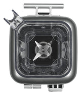 Top view of a 60 oz blender jar with a patented Talon blade assembly at the center. The lid features a circular spout at the upper left, while slightly rounded sides and a metallic gray border complete this KitchenAid Commercial Bar Blender.