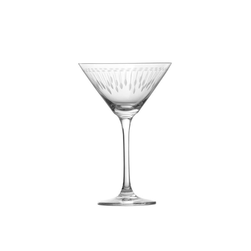 A clear martini glass with a long, slender stem and a wide, shallow bowl. Made from break resistant Tritan crystal, the bowl features an etched pattern of elongated teardrop shapes radiating from the rim. Set against a plain white background.