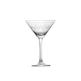 A clear martini glass with a long, slender stem and a wide, shallow bowl. Made from break resistant Tritan crystal, the bowl features an etched pattern of elongated teardrop shapes radiating from the rim. Set against a plain white background.