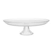 A clear cake stand from Fortessa tableware, this Jupiter cake stand features a wide, flat top with a decorative beaded edge and a smooth, flared pedestal for an elegant, classic look.
