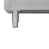 Close-up of a metallic adjustable leg attached to the bottom corner of a rectangular stainless steel ice maker, with a smooth finish and visible screws. The background is plain white.