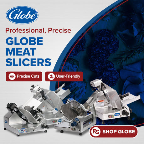Globe commercial meat slicers banner featuring professional-grade slicers designed for precise cuts and user-friendly operation.