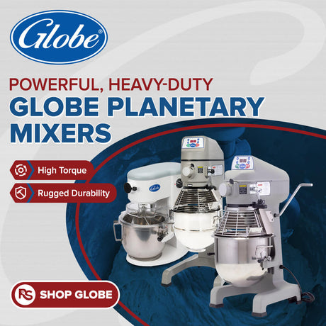 Globe commercial planetary mixers with high torque and durable construction for bakery and kitchen use