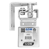 A metal adjustable door holder with a right-angle bracket and stainless steel door hinge. The unit features the GSW USA logo, a barcode, certification marks, and a QR code on its front panel, plus bolts, hinge mechanism, and mounting holes for installation.