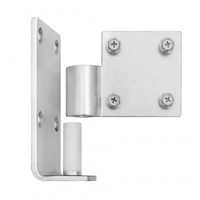 A stainless steel door hinge with a right-angle bracket, featuring a square mounting plate with four screws and a cylindrical hinge mechanism. The L-shaped bracket has two screw holes and a white pin for rotation—ideal for GSW USA DR-SS units.