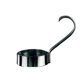 A shiny metal egg ring with a tall, curved AD Coffee Handle attached to one side. The round ring is flat on the bottom, designed to shape and hold eggs while cooking. The metallic handle arches upward for easy lifting from a hot surface.