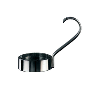 A shiny metal egg ring with a tall, curved AD Coffee Handle attached to one side. The round ring is flat on the bottom, designed to shape and hold eggs while cooking. The metallic handle arches upward for easy lifting from a hot surface.