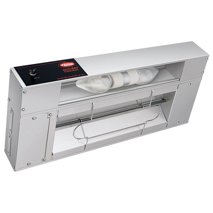 A silver, rectangular 48 inch heater with a control panel on the upper left, a visible tubular heating element in the center, and a metal protective grill on the front. This infrared strip heater is designed for wall mounting.