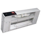 A silver, rectangular 48 inch heater with a control panel on the upper left, a visible tubular heating element in the center, and a metal protective grill on the front. This infrared strip heater is designed for wall mounting.