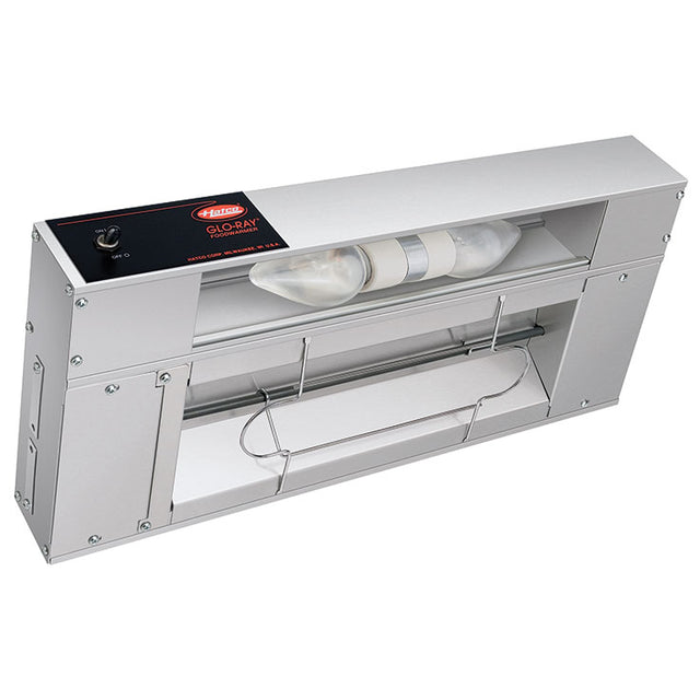 A 48 inch stainless steel infrared foodwarmer with a clear front panel, control dial on the left, and visible heating bulb. The high wattage unit is rectangular, vented, and bracketed for countertop use in kitchens or food service settings.