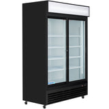 A commercial refrigerator with large capacity, featuring two glass doors, five adjustable shelves, a blank white sign panel above, small wheels, and a vented base. The interior of this refrigerated merchandiser is empty and brightly lit.