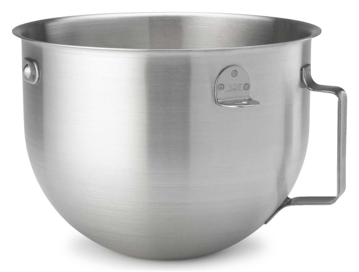 A large, shiny 5-qt Mixer Bowl with a sturdy handle and two attachment brackets. Designed to fit KitchenAid Commercial stand mixers, this brushed stainless steel bowl is essential for baking or cooking in any kitchen.