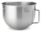 A large, shiny 5-qt Mixer Bowl with a sturdy handle and two attachment brackets. Designed to fit KitchenAid Commercial stand mixers, this brushed stainless steel bowl is essential for baking or cooking in any kitchen.