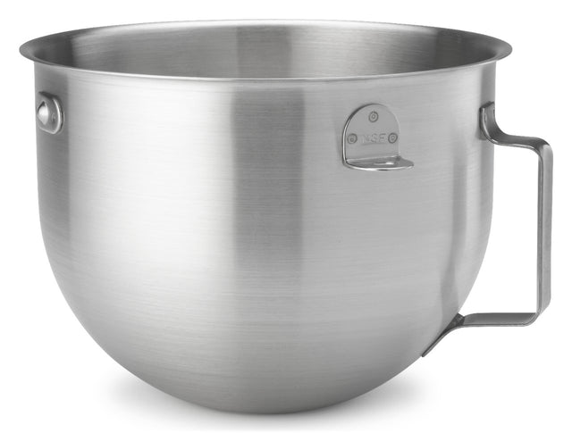 A large, shiny 5-qt Mixer Bowl with a sturdy handle and two attachment brackets. Designed to fit KitchenAid Commercial stand mixers, this brushed stainless steel bowl is essential for baking or cooking in any kitchen.