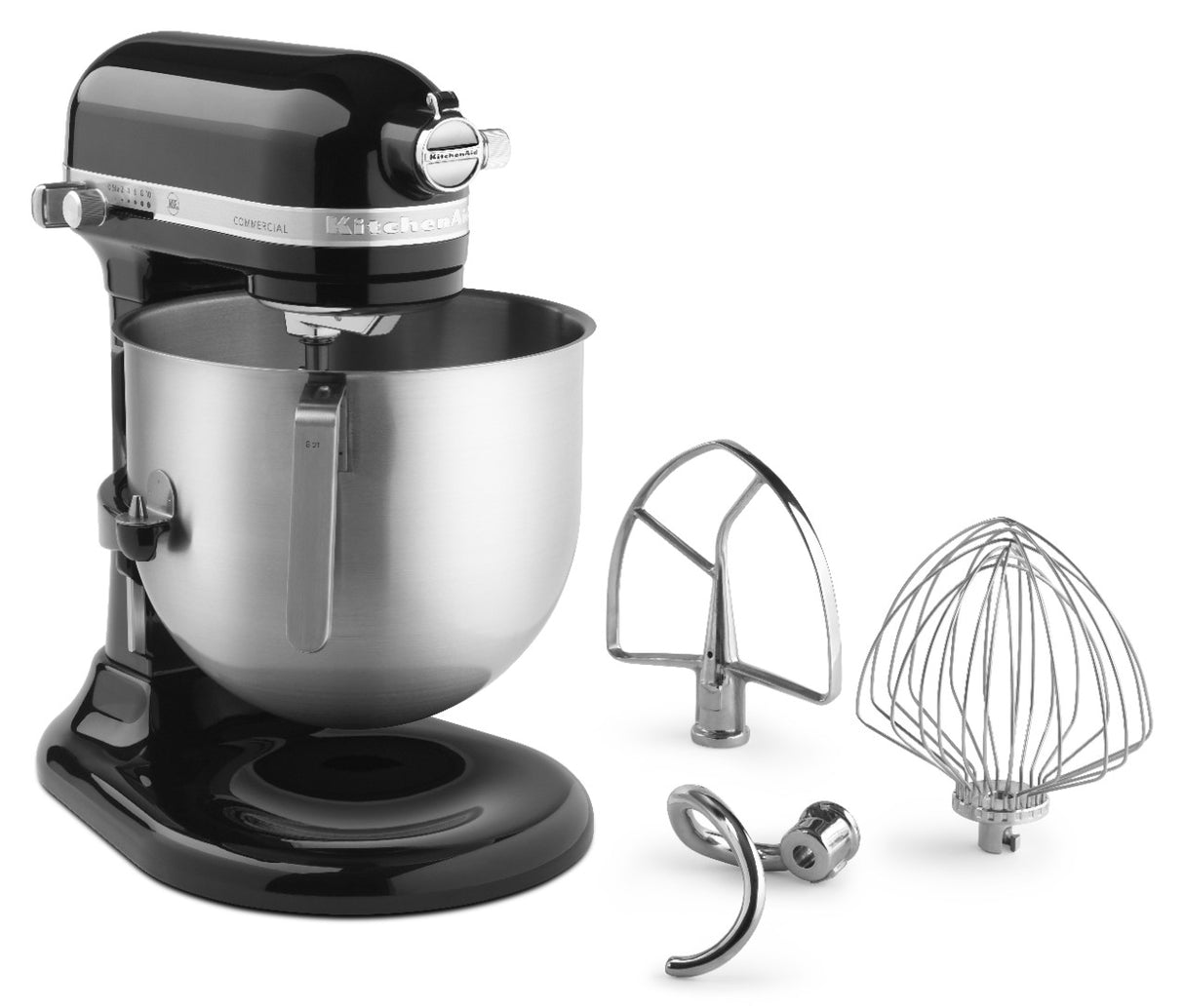 A black 8 quart stand mixer with a large silver mixing bowl is shown. Next to it are three metal attachments—a flat beater, wire whisk, and dough hook—perfect for various mixing and baking tasks in any busy kitchen.