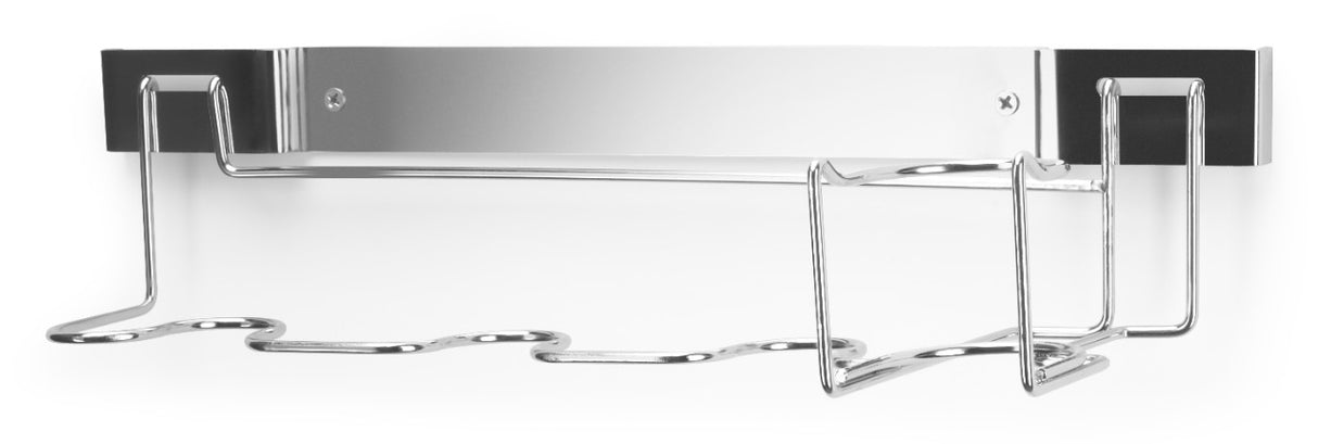 A wall-mounted metal wine rack with a shiny, rectangular backplate and curved wire holders, secured by a wall mount bracket at each end. This modern, minimalist rack complements appliances like the KitchenAid Commercial line.