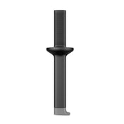 A black cylindrical tamper with a ribbed handle, a wide round guard, and a straight shaft ending in a small hooked metal tip; the object is standing upright on a white background. Suitable for KitchenAid Commercial mixers with flex edge attachments.